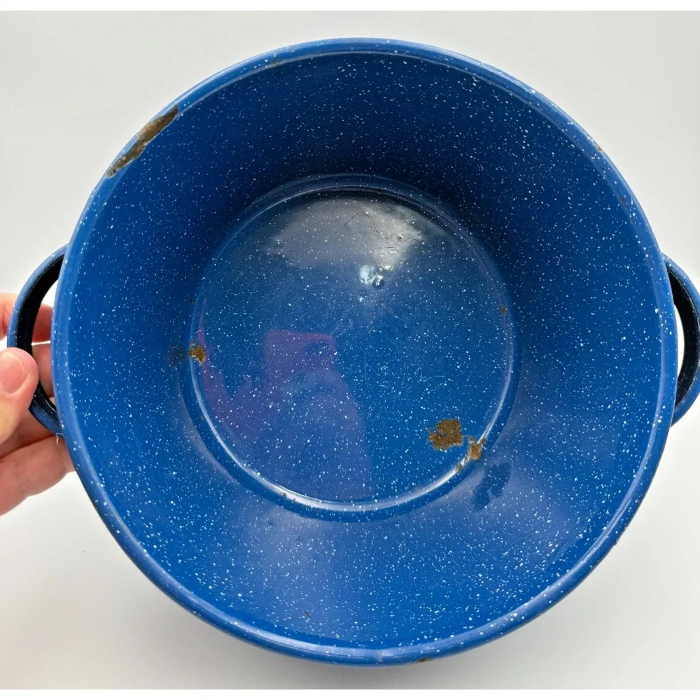 Vintage Farmhouse Royal Blue Speckled Enamel Stock Pot Graniteware Distressed